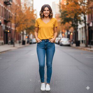 Mossimo Mustard Yellow V-Neck Tee Shirt Size M Soft Stretch Basic Top